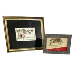 Vintage Antique Framed Christmas Greetings Post Cards Holly Birds Snow Scene